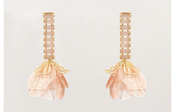 Pendientes cadena strass cristales rosas con flor 