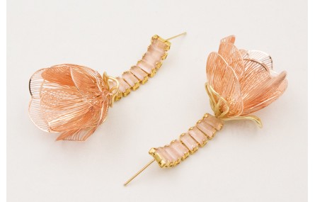 Pendientes cadena strass cristales rosas con flor 