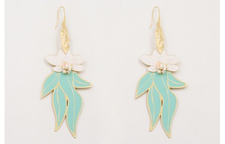 Pendientes hoja alargada calada dorada mate con fl