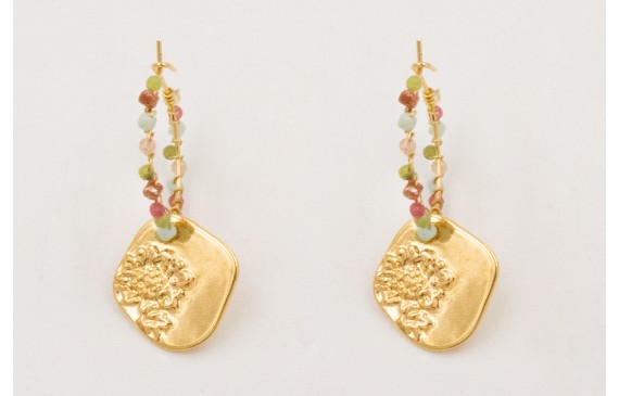 Pendientes ORO 18K. Aro con semipreciosas y colgan