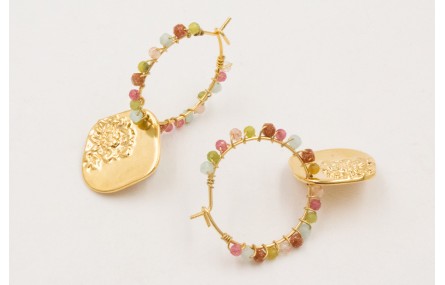 Pendientes ORO 18K. Aro con semipreciosas y colgan