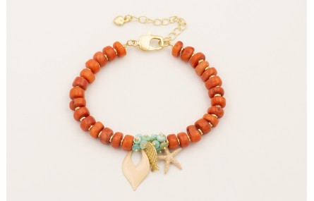 Pulsera discos coral con burruño discos nacar turq