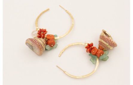 Pendientes aro plano con caracola piramida bordes 