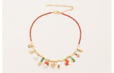 Collar micro tubos coral y cubos dorados mate con 