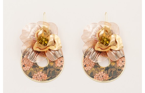 Pendientes disco estampada flores rosas y ramas co