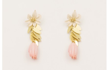 Pendientes perno flor esmalte natural crema,, colg