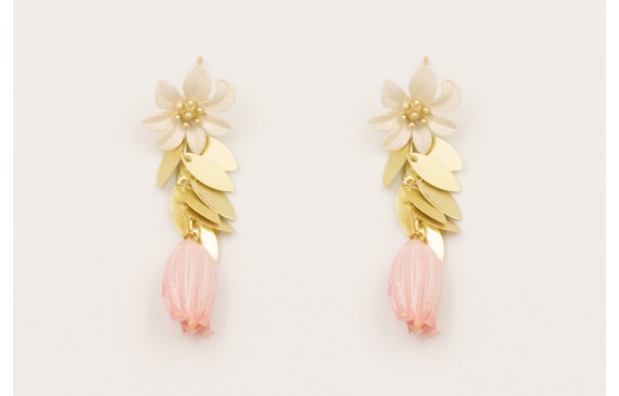 Pendientes perno flor esmalte natural crema,, colg