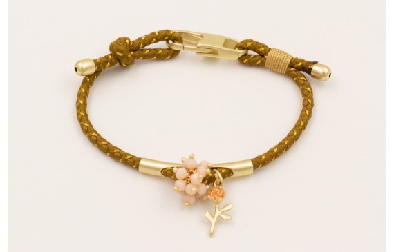 Pulsera cordón pistacho con hilo dorado, tubo meta