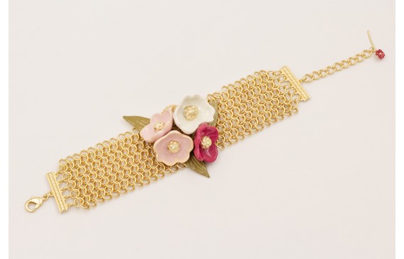 Pulsera malla con flores acampanadas rosa, blanca,