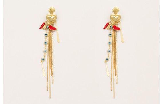 Pendientes perno sagrado corazón esmatado rojo con