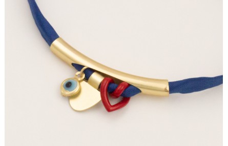 Pulsera seda natural azul marino con tubo curvado 