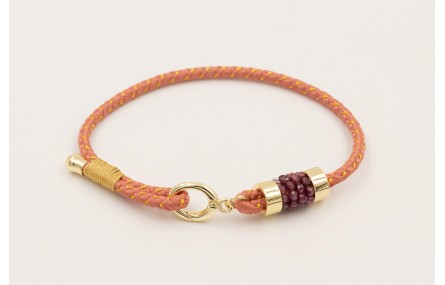 Pulsera cordón rosa palo con hilo dorado, mosquetó