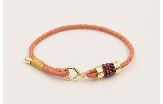 Pulsera cordón rosa palo con hilo dorado, mosquetó