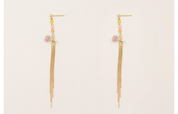 Pendientes perno bolita dorada mate con cadena de 