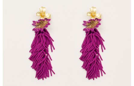 Pendientes flor dorado mate con fleco abalorio pur