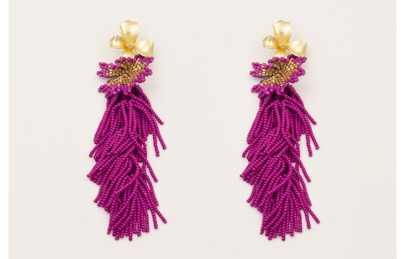 Pendientes flor dorado mate con fleco abalorio pur