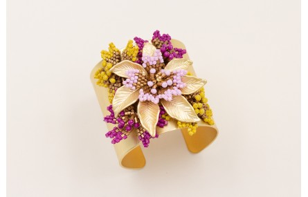 Brazalete ancho dorado mate con flores de miyuki l