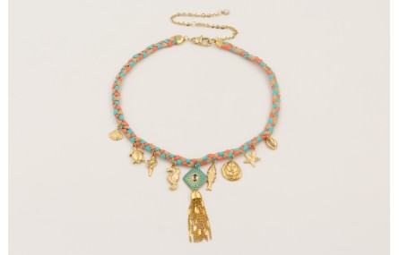 Collar trenza seda natural con colgantes acero ino