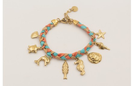 Pulsera trenza seda natural con colgantes acero in