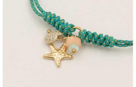 Pulsera cordón hilo dorado color turquesa con cier