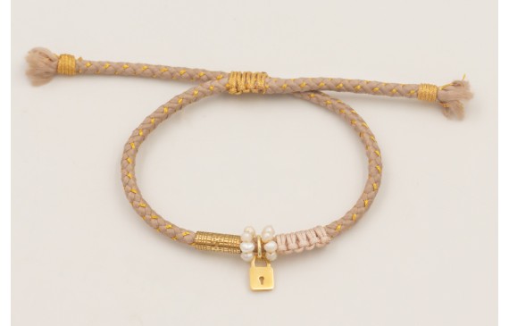 Pulsera cordón hilo dorado color beige con aritos 