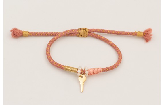 Pulsera cordón hilo dorado color rosa palo con ari