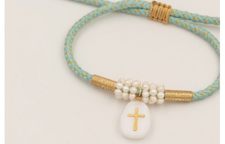 Pulsera cordón hilo dorado color turquesa con arit