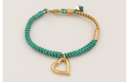 Pulsera cordón hilo dorado color turquesa con nudo