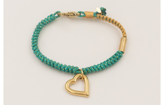 Pulsera cordón hilo dorado color turquesa con nudo