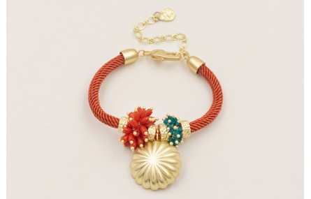 Pulsera cordón trenzado teja con burruños de coral