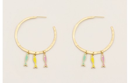 Pendientes aro labrado con peces de colores menta,