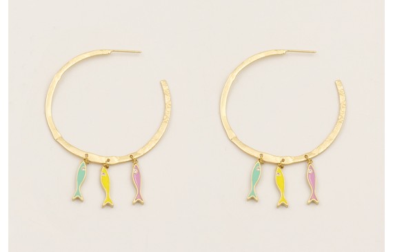Pendientes aro labrado con peces de colores menta,