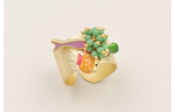 Anillo dorado mate con  burruño bolitas verde opac