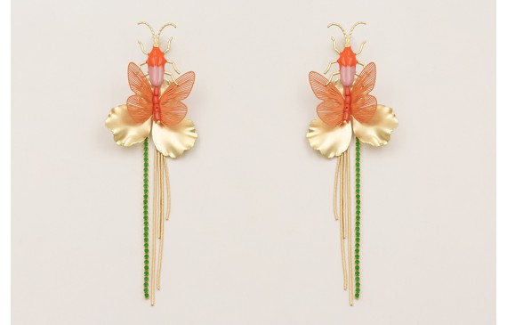 Pendientes perno escarabajo teja y morado con flor