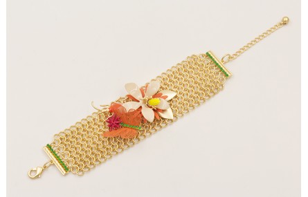 Pulsera malla con flor beige, mariposa naranja,est