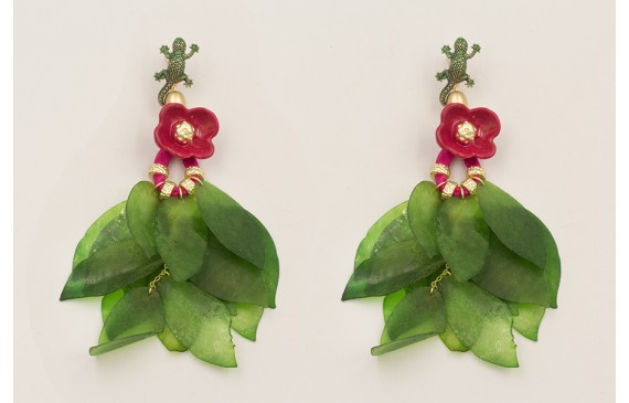 Pendientes lagarto verde, flor esmaltada frambrues