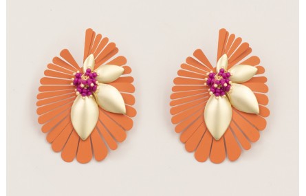 Pendientes flor pétalos esmaltado coral con ramill