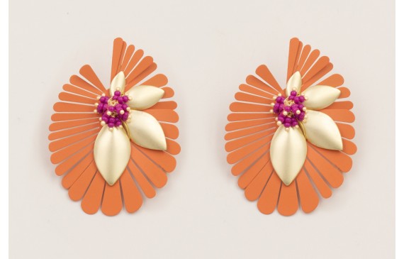 Pendientes flor pétalos esmaltado coral con ramill