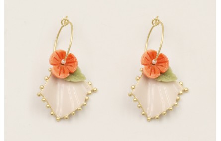 Pendientes aro pequeño flor resina coral, hoja res