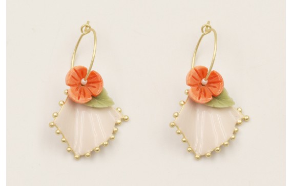 Pendientes aro pequeño flor resina coral, hoja res