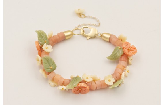 Pulsera discos piedra rosada con flores y hojas de