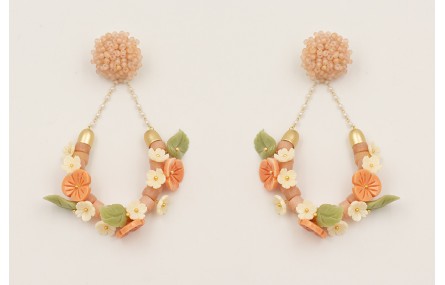 Pendientes discos piedra rosada con flores y hojas