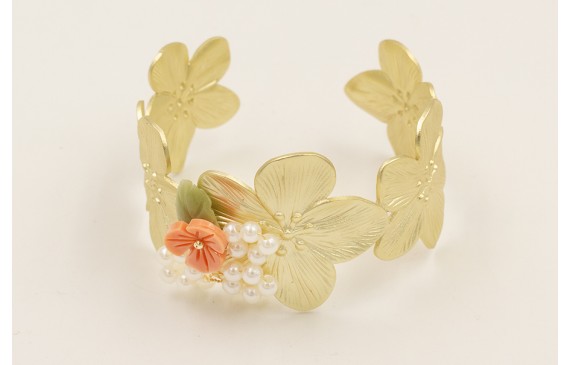 Brazalete flores dorado amte con rama de perlas y 