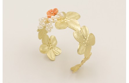 Brazalete flores dorado amte con rama de perlas y 