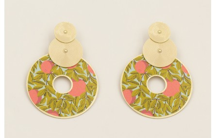 Pendientes discos rayados esmalte beige con colgan