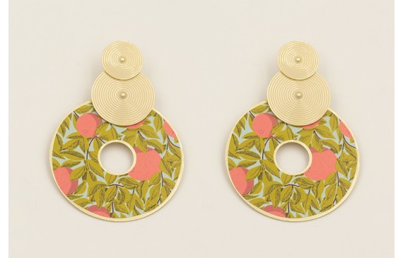 Pendientes discos rayados esmalte beige con colgan