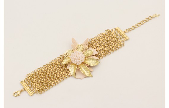 Pulsera malla con flor grande, mariposa esmaltada 