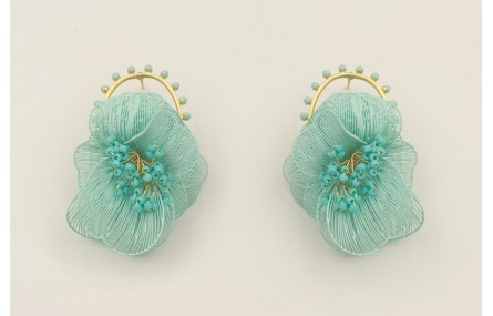 Pendientes perno aro bolitas turquesas con flores 