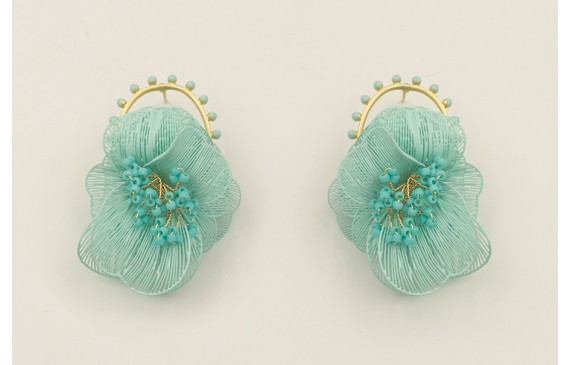 Pendientes perno aro bolitas turquesas con flores 