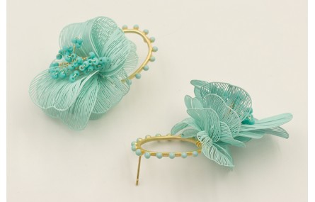 Pendientes perno aro bolitas turquesas con flores 